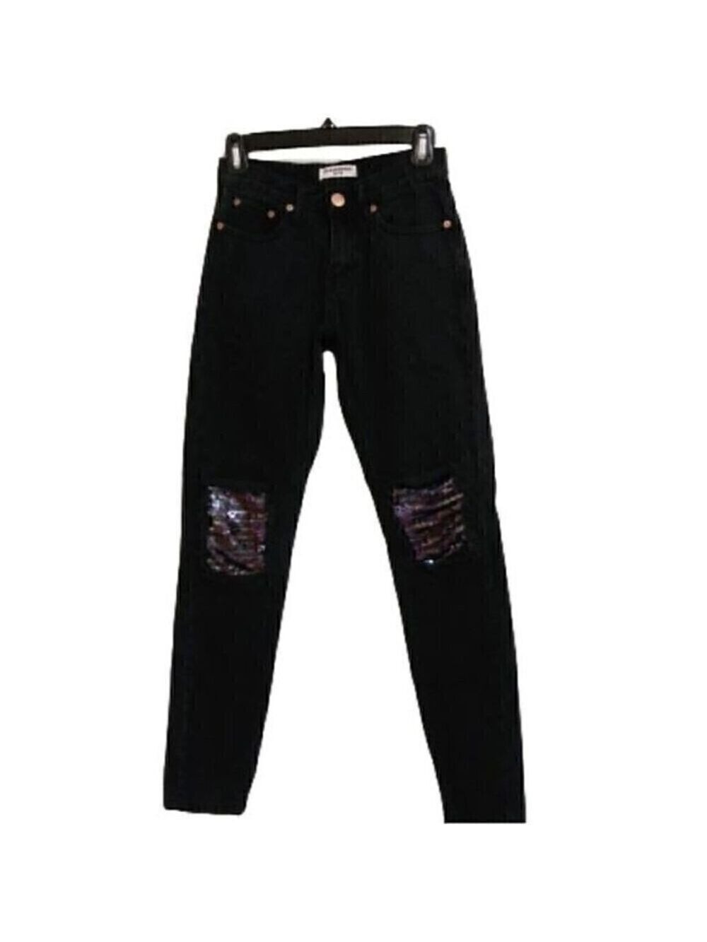 Glamorous Petite Dark Navy Skinny Jeans Size 4 Sequin Patch Distressed